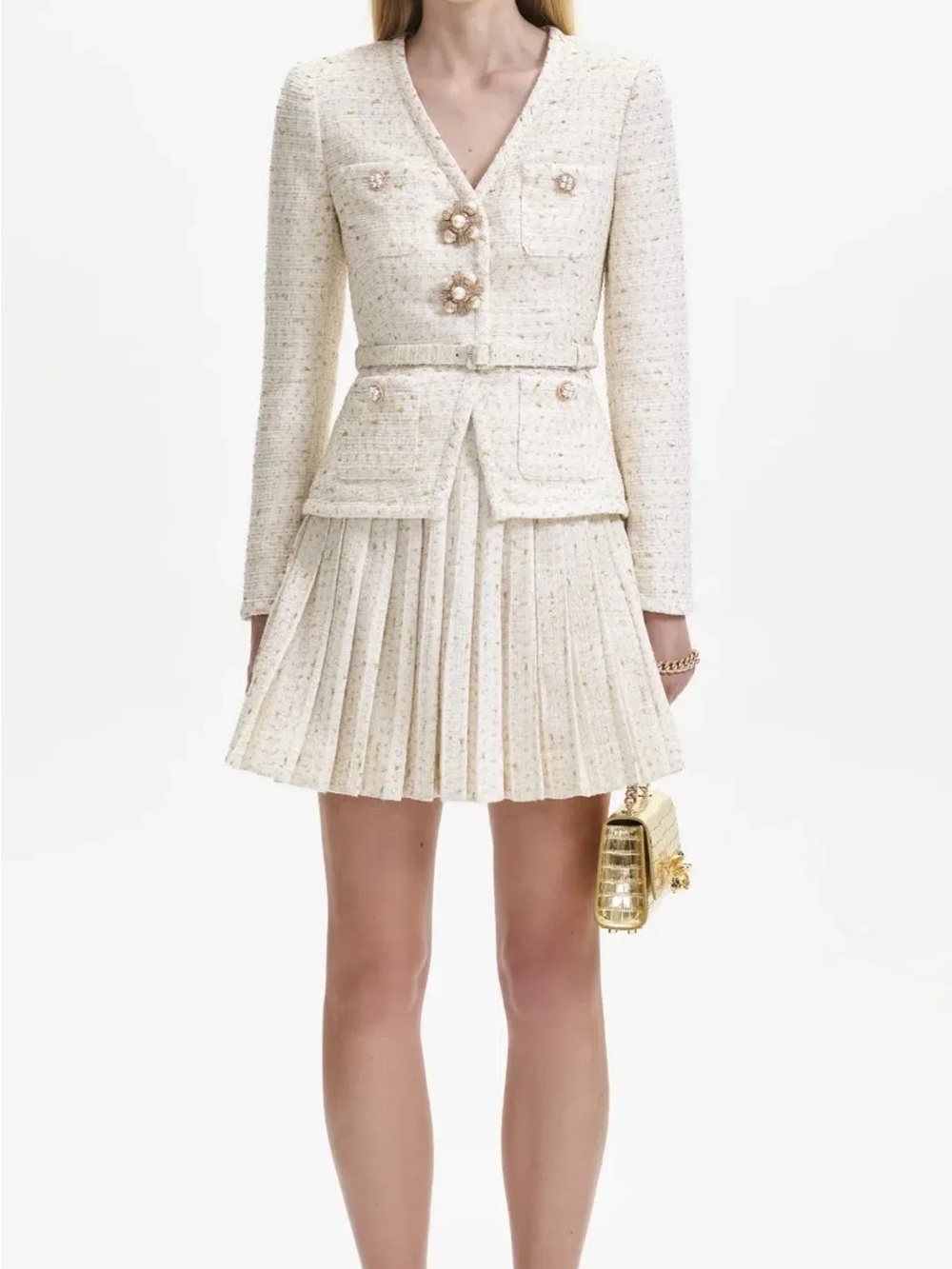 Self-Portrait Cream Tweed Pleated Mini Skirt Set